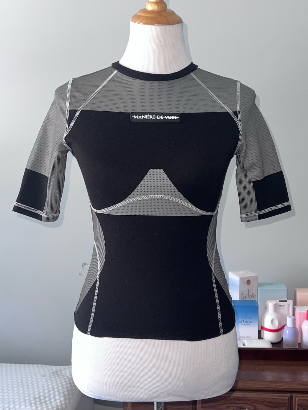 Manière de Voir Mesh Moto Top Black Grey Y2K Techwear Bodycon Baby Tee Small